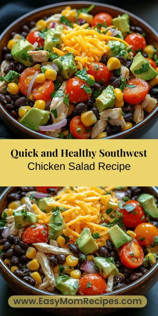 Discover the Quick Southwest Chicken Salad, a delicious and nutritious meal that can be prepared in no time! Packed with lean protein from chicken, fiber from black beans, and healthy fats from avocado, this vibrant salad is perfect for busy lifestyles. With its colorful blend of fresh vegetables and optional toppings like cheese and tortilla chips, it caters to all tastes. Ideal for lunch, dinner, or gatherings, this salad is a quick and healthy delight that you'll love to make!