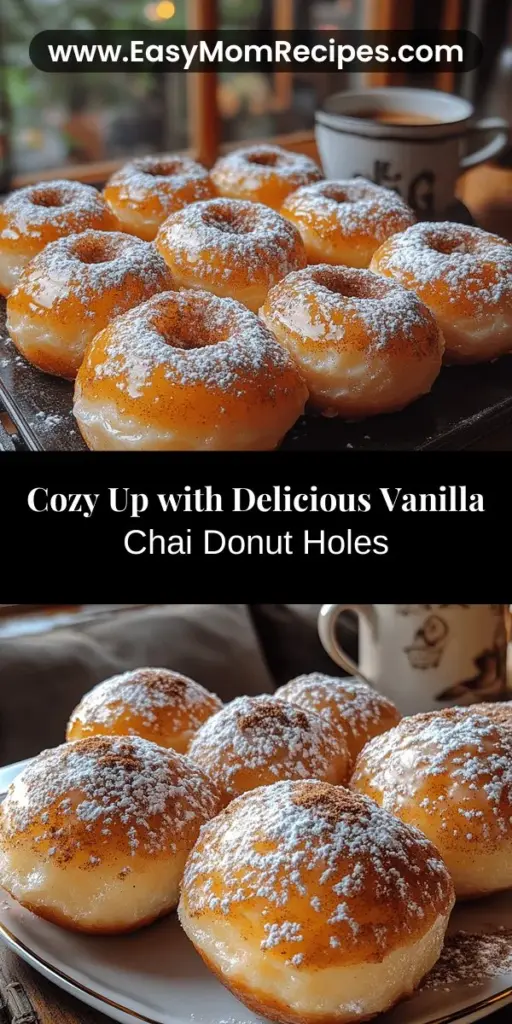 Discover the warm and comforting delight of Vanilla Chai Donut Holes! These bite-sized treats blend the spice of traditional chai tea with sweet vanilla, creating a unique flavor that brightens any moment. Perfect for breakfast, snacks, or desserts, these easy-to-make donut holes will impress your family and friends. With a fluffy texture and a sugary finish, they’re an irresistible indulgence that pairs beautifully with your favorite hot beverage. Embrace the joy of baking and fill your home with delightful aromas!