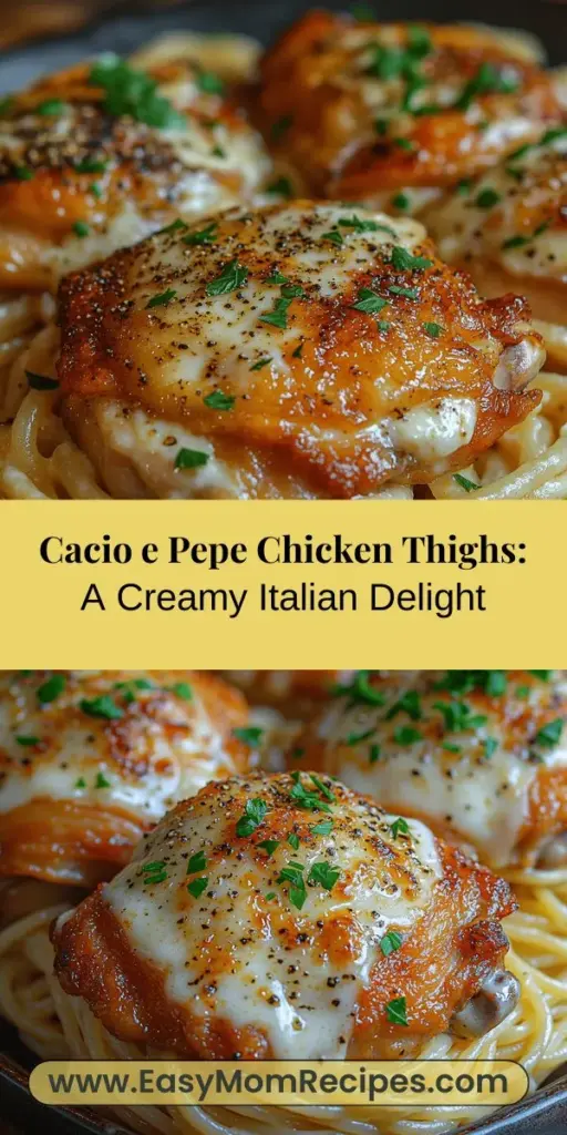 Discover the mouthwatering experience of Cacio e Pepe Chicken Thighs, where classic Italian flavors meet hearty comfort food. This recipe takes tender, bone-in chicken thighs and coats them in a creamy sauce made with Pecorino Romano cheese and freshly cracked black pepper, resulting in a dish that’s both indulgent and versatile. Serve it solo or with pasta for a cozy dinner that will impress family and friends. Enjoy a delightful fusion of taste and tradition with every bite!