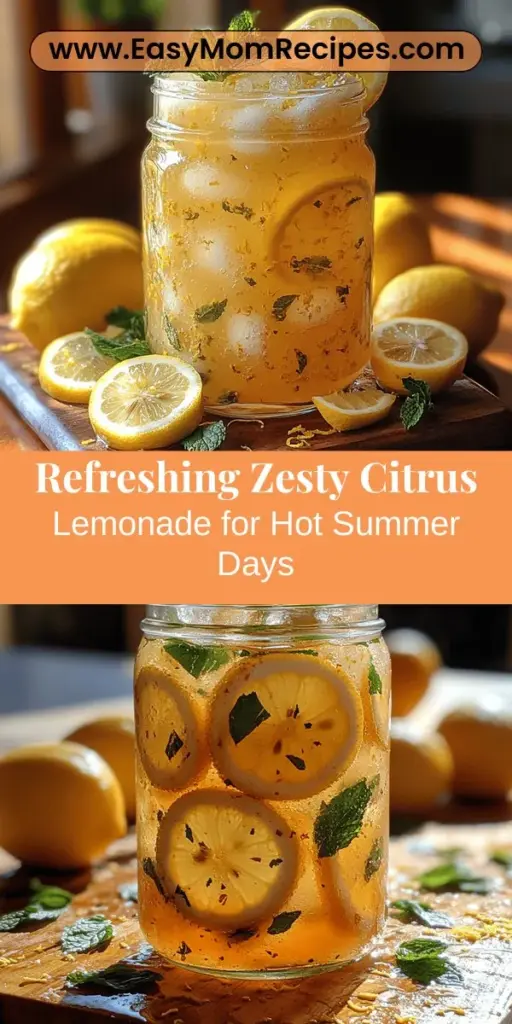 Discover the ultimate summer refreshment with our Zesty Citrus Splash Lemonade recipe! This homemade delight combines freshly squeezed lemons, invigorating citrus flavors, and a hint of mint for a drink that’s perfect for any occasion. With simple ingredients like lemon zest, homemade simple syrup, and cold water, you can create a healthier and tastier alternative to store-bought beverages. Dive into our step-by-step guide and enjoy a burst of citrus goodness this summer!