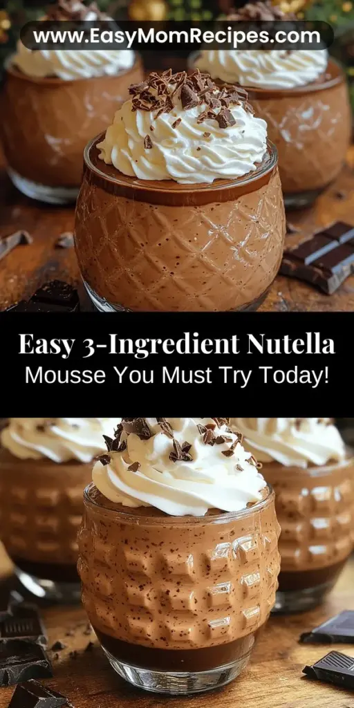 Indulge in the luxurious simplicity of 3-Ingredient Nutella Mousse! This decadent dessert combines creamy Nutella, rich heavy whipping cream, and a touch of vanilla for an irresistibly light and airy treat. Perfect for celebrations or a personal sweet escape, this mousse is quick and easy to make, impressing anyone lucky enough to taste it. Discover tips for achieving the perfect texture and explore delicious variations to personalize this delightful treat!