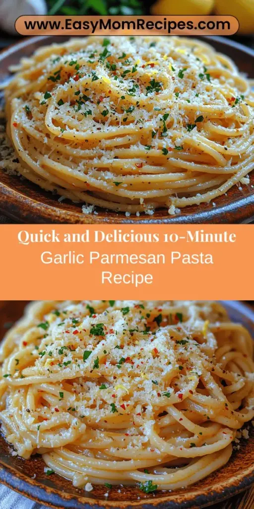 Discover the joy of quick cooking with this 10-Minute Garlic Parmesan Pasta recipe! Perfect for busy weeknights, this dish combines simple, high-quality ingredients like pasta, garlic, and Parmesan cheese to create a rich and flavorful meal in no time. Whether you choose spaghetti for a light touch or fettuccine for heartiness, you'll love how easily this dish comes together. Add a sprinkle of fresh parsley and a hint of red pepper flakes for a delightful finish. Enjoy a comforting and nutritious bowl that speaks to your culinary creativity!