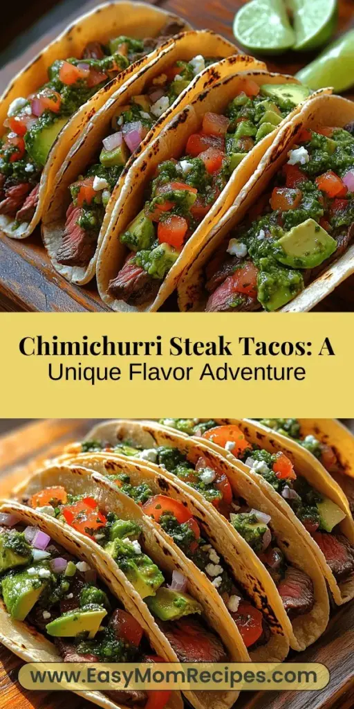 Discover the vibrant fusion of Argentine and Mexican cuisine with Chimichurri Steak Tacos. These flavorful tacos feature perfectly marinated flank steak, grilled to perfection and topped with a zesty chimichurri sauce made from fresh herbs and garlic. Each bite is a delightful balance of savory steak and refreshing toppings like avocado and tomatoes, all wrapped in warm tortillas. Perfect for gatherings or a special weeknight dinner, these tacos invite you to share the joy of delicious homemade meals.