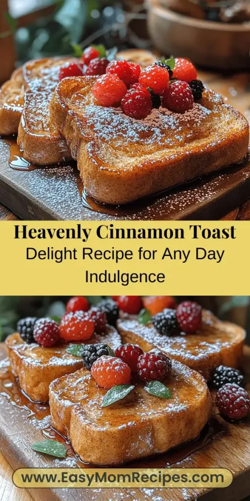 Experience the joy of cozy mornings with Heavenly Cinnamon Toast Delight, a simple yet indulgent twist on a classic favorite. This recipe elevates traditional cinnamon toast using thick-cut bread and a luscious cinnamon butter blend, ensuring every bite is a perfect mix of crispy and buttery. Customize it with fresh fruits, nuts, or a drizzle of honey for a delightful snack or dessert. Perfect for any occasion, this heavenly treat is sure to impress family and friends.