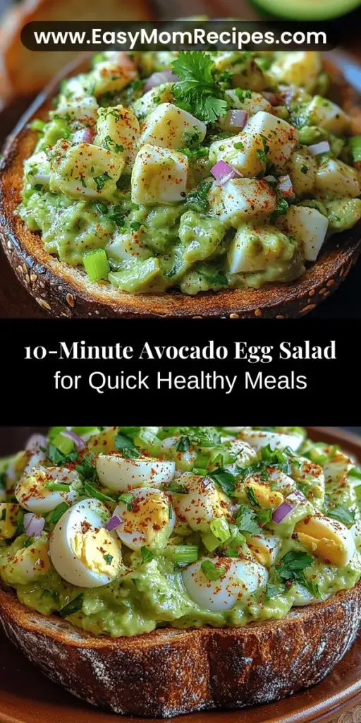 Discover the quick and nutritious delight of a 10-Minute Avocado Egg Salad! This recipe combines creamy avocado with protein-packed eggs, making it perfect for a light lunch, brunch, or snack. Easy to prepare, the salad features fresh veggies like red onion and celery for a satisfying crunch, with a zesty kick from lime juice and Dijon mustard. Enjoy it on toast, in lettuce wraps, or simply on its own for a delicious and balanced meal that fits any busy lifestyle. Perfect for those seeking healthy eating without compromise!