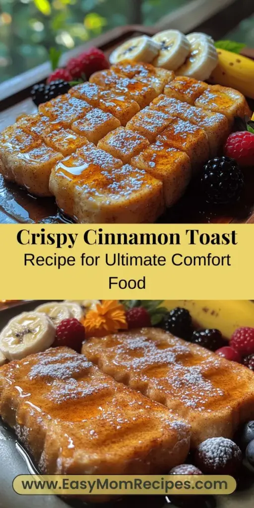 Discover the joy of making Ultimate Cinnamon Toast Delight, a comforting recipe that brings warmth and nostalgia to your kitchen. This easy-to-follow guide transforms thick-cut bread into a crispy, delicious treat topped with a luscious blend of cinnamon and sugar. With endless customization options, it's perfect for a quick breakfast or delightful snack. Experience the irresistible aroma and rich flavors that will transport you back to cozy mornings with loved ones. Embrace the comfort of homemade cinnamon toast today!
