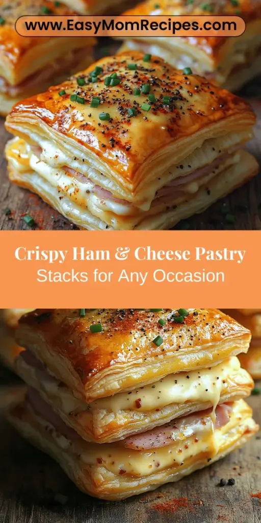 Discover the delicious delight of Crispy Ham & Cheese Puff Pastry Stacks! This easy recipe showcases the incredible versatility of puff pastry, creating layers of flaky goodness filled with savory ham, rich cheese, and a hint of Dijon mustard. Perfect as an impressive appetizer or a quick snack, these stacks are sure to wow your guests. Learn how to prepare and bake them to golden perfection for a crunchy treat that's both satisfying and visually appealing. Perfect for any occasion!