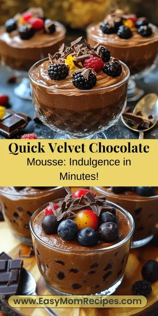 Indulge in the rich and creamy simplicity of Quick Velvet Chocolate Mousse, a timeless dessert that can be whipped up in just minutes. This recipe combines high-quality chocolate, fresh cream, and a hint of vanilla for a light and airy texture that melts in your mouth. Perfect for dinner parties or cozy nights at home, this mousse offers a luxurious finish to any meal. Be inspired by creative presentation ideas and garnish options that elevate this classic treat.