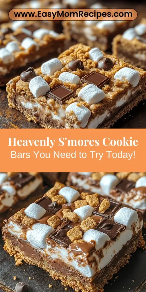 Indulge in the rich, nostalgic flavors of classic s'mores with these effortless S'mores Cookie Bars! Combining gooey marshmallows, melted chocolate, and crunchy graham cracker crumbs, this recipe delivers all the deliciousness without the need for a campfire. Perfect for family gatherings or cozy nights in, these bars are as simple to make as they are delightful to eat. Create a crowd-pleasing treat that everyone will love and enjoy the warm, comforting tastes of summer in every bite.