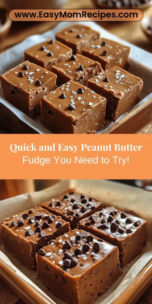 Indulge your sweet tooth with this Quick & Creamy Peanut Butter Fudge recipe! In just 30 minutes, you can create a delightful treat using simple, wholesome ingredients like creamy peanut butter, natural sweeteners, and coconut oil. This easy-to-make fudge is not only delicious but also customizable with toppings like nuts or chocolate chips. Enjoy a guilt-free indulgence that satisfies cravings while being a healthier dessert option. Perfect for sharing or enjoying on your own!