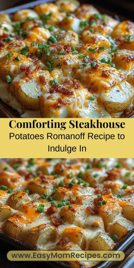 Discover the perfect comfort food with Heavenly Steakhouse Potatoes Romanoff! This rich and creamy side dish combines perfectly baked russet potatoes with a velvety mix of sour cream, mayonnaise, and sharp cheddar cheese, all topped with crispy bacon and fresh green onions. Ideal for any occasion, from family gatherings to casual dinners, it’s easy to prepare and customize to suit your taste. Indulge in this delightful dish that will quickly become a favorite at your table.