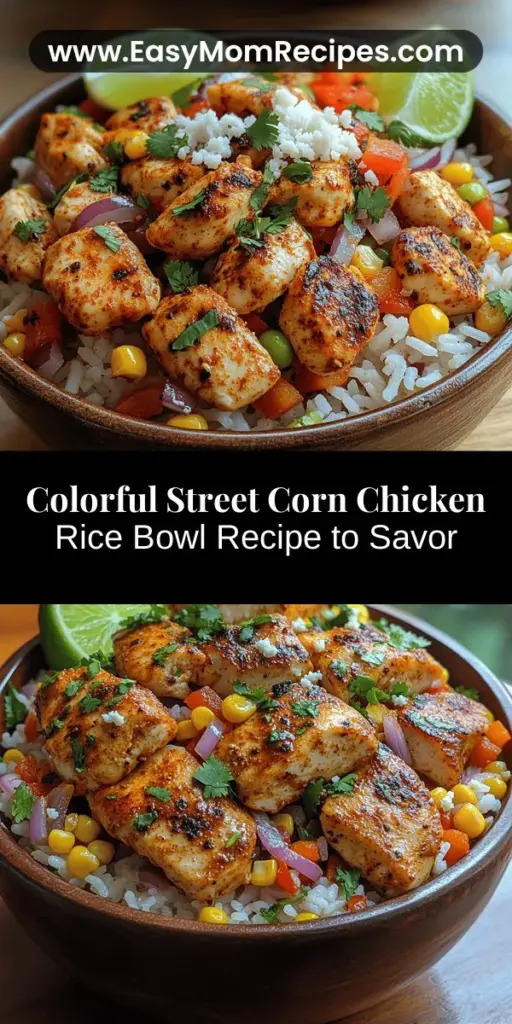 Experience the vibrant flavors of street food at home with this delicious Street Corn Chicken Rice Bowl recipe. This easy-to-make dish features succulent chicken, fresh vegetables, and sweet corn, all served over fluffy jasmine rice. Perfect for a quick dinner or meal prep, it’s packed with nutrients and bold flavors. From the seasoned chicken to colorful garnishes, each bite is a tasty journey inspired by the beloved street vendors of Mexico and the U.S. Enjoy cooking!
