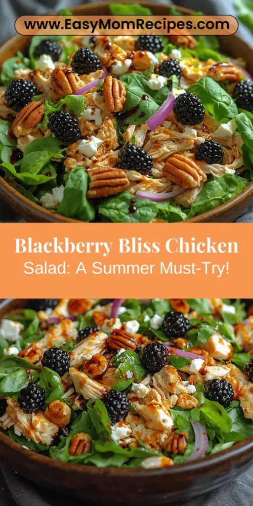 Discover the joy of the Blackberry Bliss Chicken Salad, a refreshing and nutritious dish perfect for summer gatherings or a light meal. This salad combines sweet blackberries, savory grilled chicken, and tangy feta, all tossed in a homemade balsamic vinaigrette. It's not only visually stunning but also packed with vitamins and antioxidants. With customizable options to suit various dietary preferences, this salad makes healthy eating enjoyable and delicious. Elevate your dining experience with this delightful recipe!