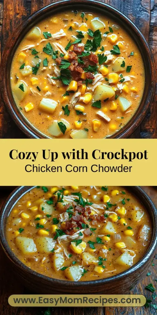 Warm up your chilly evenings with this easy and delicious Cozy Crockpot Chicken Corn Chowder. Combining tender chicken, sweet corn, and hearty potatoes, this creamy dish is packed with flavor and nutrition. Perfect for busy nights, just layer your ingredients in a slow cooker and let it work its magic. Customize it with your favorite spices and toppings for a perfect family meal. Dive into this comforting recipe and enjoy the delightful aroma filling your home!