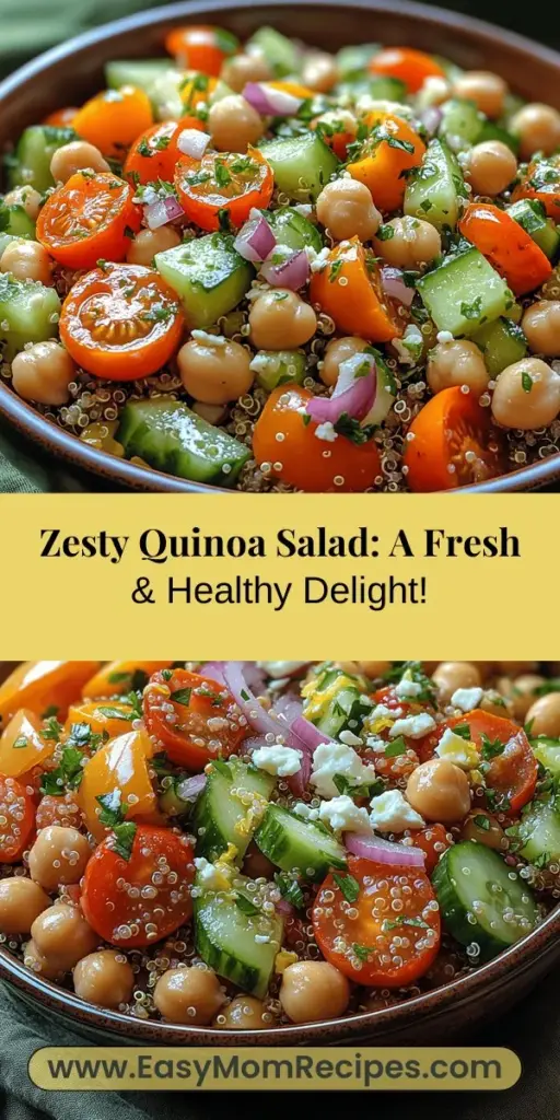 Discover the vibrant Zesty Quinoa Delight Salad, a perfect blend of fresh vegetables, protein-packed quinoa, and a tangy lemon dressing. This versatile salad is ideal for anyone looking to enhance their diet with delicious, nutritious options. Packed with essential vitamins, minerals, and fiber, it's gluten-free, vegetarian, and vegan-friendly. Easy to prepare and customize, this salad is a delightful addition to your meal rotation that satisfies both taste and health. Enjoy the benefits of wholesome ingredients while impressing your family and friends.