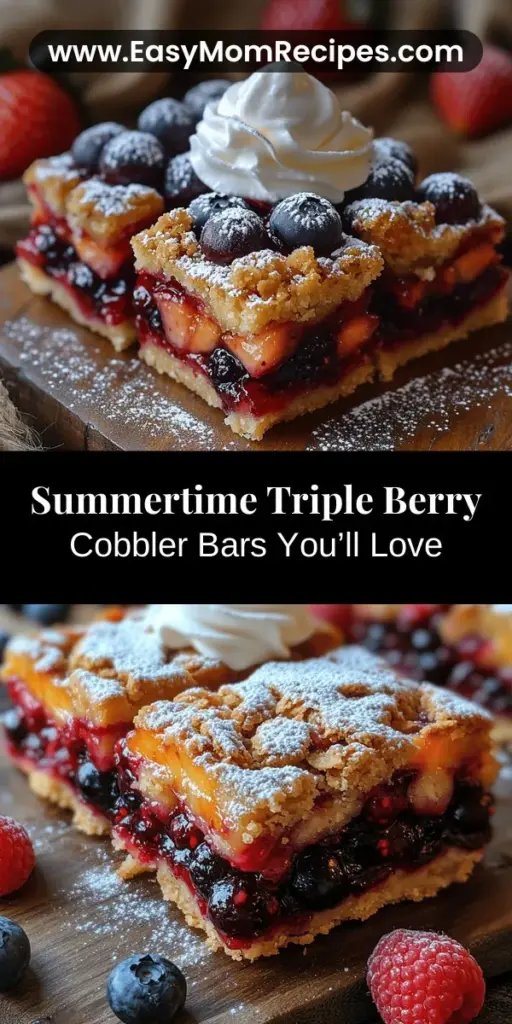 Indulge in a summer treat with Triple Berry Cobbler Bars, a delicious and easy-to-make dessert that features the vibrant flavors of fresh blueberries, strawberries, and raspberries. Perfect for gatherings or a cozy night in, these bars boast a buttery crust and juicy filling, making them a crowd-pleaser. Enjoy them warm with a scoop of ice cream or a dollop of whipped cream for an irresistible sweet experience. These bars are not only delightful but also packed with nutritional benefits!