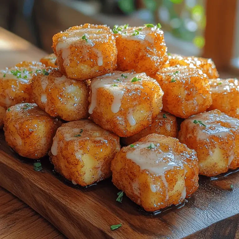 Cinnamon Sugar Apple Fritter Bites are a harmonious blend of flavors that create an irresistible taste experience. The star of the dish is undoubtedly the apple, which contributes a refreshing sweetness and a slight tartness that balances the richness of the batter. When fried, the apples become tender, releasing their natural juices and enhancing the overall flavor.