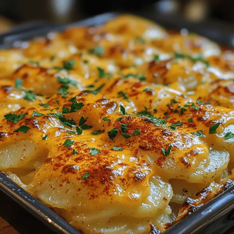 Cheesy scalloped potatoes are a cherished comfort food that warms the heart and pleases the palate. This creamy, cheesy dish is a staple at family gatherings and holiday feasts, known for its indulgent layers of tender potatoes enveloped in a rich, savory cheese sauce. The combination of flavors and textures makes cheesy scalloped potatoes a favorite among both children and adults alike. Whether served alongside a juicy roast, as part of a festive spread, or enjoyed on their own, this dish is an embodiment of home-cooked goodness.