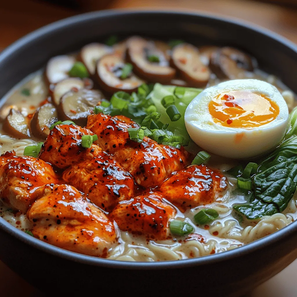 Embark on a culinary journey with our Fiery Chicken Ramen with Creamy Garlic Sauce, a dish that combines the warmth of homemade ramen with a tantalizing kick of spice. This recipe not only satisfies your cravings but also offers a delightful blend of flavors and textures that will impress anyone at your dinner table. Perfect for both beginners and seasoned cooks, this ramen is a comforting bowl that can elevate your weeknight dinners or impress guests at gatherings. With its fiery notes balanced by the creamy garlic sauce, this dish transforms a simple meal into an exquisite culinary experience.