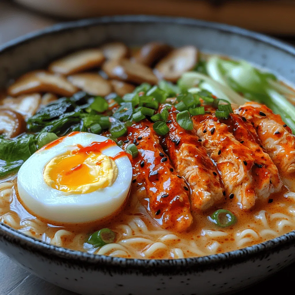 Embark on a culinary journey with our Fiery Chicken Ramen with Creamy Garlic Sauce, a dish that combines the warmth of homemade ramen with a tantalizing kick of spice. This recipe not only satisfies your cravings but also offers a delightful blend of flavors and textures that will impress anyone at your dinner table. Perfect for both beginners and seasoned cooks, this ramen is a comforting bowl that can elevate your weeknight dinners or impress guests at gatherings. With its fiery notes balanced by the creamy garlic sauce, this dish transforms a simple meal into an exquisite culinary experience.