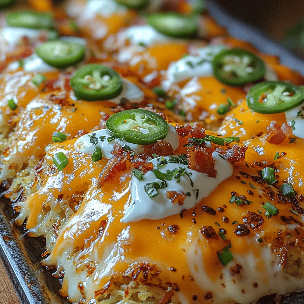 Hash browns have long been cherished as a quintessential comfort food, often evoking fond memories of leisurely breakfasts and family gatherings. Their crispy exterior and tender interior make them a versatile dish, perfect not just for breakfast but also as a delightful snack or side dish. Among the myriad of ways to enjoy hash browns, the <strong>Cheesy Delight Loaded Hash Browns</strong> stand out as a particularly indulgent variation that promises to tantalize your taste buds.” /></p>
</p>
<h3>Frying Process</h3>
</p>
<p>To achieve the perfect Cheesy Delight Loaded Hash Browns, the frying process is crucial. Start by preheating a non-stick skillet over medium-high heat. It’s important that your skillet is hot enough to create a crispy exterior while still cooking the hash browns evenly. Once the skillet is hot, add a generous amount of oil or butter. This not only prevents sticking but also adds flavor.</p>
</p>
<p>Next, carefully add your prepared hash browns to the skillet. It’s essential to spread them out evenly across the surface. Don’t overcrowd the skillet; if necessary, fry in batches. An even layer ensures that each piece gets sufficient heat, promoting a uniform crispy texture. As the hash browns begin to cook, resist the urge to flip them too soon. Allow them to fry undisturbed for about 5-7 minutes, or until they reach a beautiful golden brown color. You’ll know they’re ready to flip when the edges start to crisp up and the bottom has a rich, golden hue.</p>
</p>
<h3>Layering with Toppings</h3>
</p>
<p>Once you’ve achieved that perfect golden-brown texture on the first side, it’s time to layer on your delicious toppings. This is where the magic happens. Begin by adding your pre-cooked bacon or sausage evenly over the surface of the hash browns. The savory flavors of the meat will infuse into the potatoes, creating a wonderful depth of taste.</p>
</p>
<p>Next, sprinkle a generous layer of your favorite cheese over the meat. A combination of sharp cheddar and mozzarella works wonderfully, but feel free to experiment with other types like pepper jack for a spicy twist. The cheese should generously cover the entire surface to ensure that every bite is gooey and flavorful.</p>
</p>
<p>After layering, it’s time to cook the second side. Carefully flip the hash browns over using a large spatula, and allow them to cook for another 3-5 minutes. This step is crucial; it helps achieve that desired crispy texture on both sides.</p>
</p>
<h3>Melting the Cheese</h3>
</p>
<p>To ensure that your cheese melts evenly and creates that gooey texture we all crave, cover the skillet with a lid. This traps steam and heat, helping the cheese to melt quickly without burning the hash browns. Keep an eye on the skillet; within a few minutes, you’ll see the cheese bubbling and oozing beautifully over the hash browns. Once it reaches that perfect melty state, remove the skillet from the heat.</p>
</p>
<h3>Serving Suggestions</h3>
</p>
<p>When it comes to serving your Cheesy Delight Loaded Hash Browns, presentation is key. Use a large spatula to carefully transfer the loaded hash browns onto a serving platter or individual plates. You want to keep them intact while showcasing the golden-brown crust and melted cheese.</p>
</p>
<p>For garnishing, consider a sprinkle of finely chopped green onions or chives on top. Not only does this add a pop of color, but it also contributes a fresh, oniony flavor that complements the richness of the dish. Additionally, serving with a side of sour cream or a dollop of guacamole can elevate the dish even further, providing a creamy contrast to the crispy hash browns.</p>
</p>
<h3>Nutritional Information and Variations</h3>
</p>
<p>Per serving, Cheesy Delight Loaded Hash Browns offer a satisfying balance of flavor and nutrition. A typical serving contains an estimated 400-500 calories, depending on the amount of cheese and meat used. Each serving provides a good source of carbohydrates from the potatoes, along with protein from the bacon or sausage. For those watching their fat intake, consider using less cheese or opting for leaner meats.</p>
</p>
<p>The beauty of this dish lies in its versatility. If you’re looking to cater to vegetarian diets, simply omit the meat and load up on additional vegetables like bell peppers, mushrooms, or spinach. For a healthier twist, consider using sweet potatoes instead of regular potatoes, which not only adds a unique flavor but also boosts the nutritional content. You can even experiment with different cheese varieties to suit your palate, such as feta for a Mediterranean flair or a sprinkle of blue cheese for an added punch.</p>
</p>
<h3>Cultural Significance of Hash Browns</h3>
</p>
<p>Hash browns have a rich culinary history, originating in the United States but inspired by various global cuisines. Their name is derived from the French term “hacher,” meaning to chop, which reflects the preparation method of shredding or chopping potatoes. Traditionally served for breakfast, hash browns have evolved into a beloved comfort food that can be enjoyed at any time of the day.</p>
</p>
<p>In America, loaded hash browns have become a staple in diners, often featured on menus as a hearty breakfast option. However, variations exist worldwide. In Germany, Röstis are a similar potato dish, often served with eggs and meats, while in the UK, hash browns are commonly found as a side dish with a traditional English breakfast. Each culture adds its own twist, inspiring creativity in the kitchen and showcasing the adaptability of this simple yet satisfying dish.</p>
</p>
<h3>Conclusion</h3>
</p>
<p>Cheesy Delight Loaded Hash Browns are more than just a side dish; they embody the essence of comfort food. With their irresistible combination of crispy potatoes, savory toppings, and gooey melted cheese, they can elevate any meal—from breakfast to dinner or even a late-night snack. This recipe not only offers a customizable experience, catering to diverse dietary needs and preferences, but also invites you to explore your culinary creativity.</p>
</p>
<p>As you savor each delicious bite, you’ll appreciate the simplicity and satisfaction of homemade comfort food. Whether you’re enjoying them with family or serving them at a gathering, Cheesy Delight Loaded Hash Browns are sure to bring warmth and joy to your table. So, gather your ingredients, get cooking, and indulge in this timeless favorite that’s sure to please the palate and warm the heart.</p>
</div>