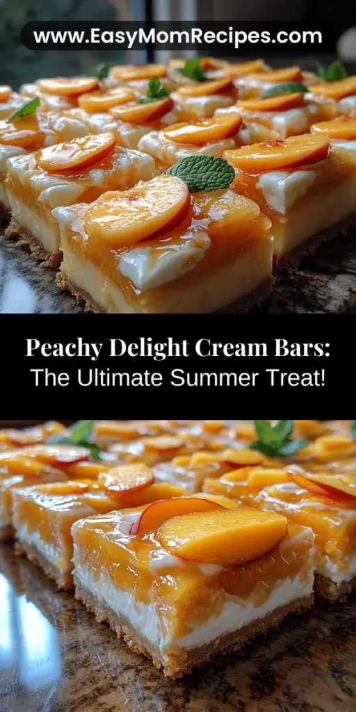 Indulge in the refreshing taste of summer with Peachy Delight Cream Bars! These delightful dessert bars feature a buttery crust, luscious peach filling, and a creamy topping that will melt in your mouth. Perfect for picnics, family gatherings, or a sweet treat at home, this recipe showcases the sweet juiciness of fresh peaches while combining textures and flavors for an irresistible treat. Perfect for making memories, these bars are a must-try this season!