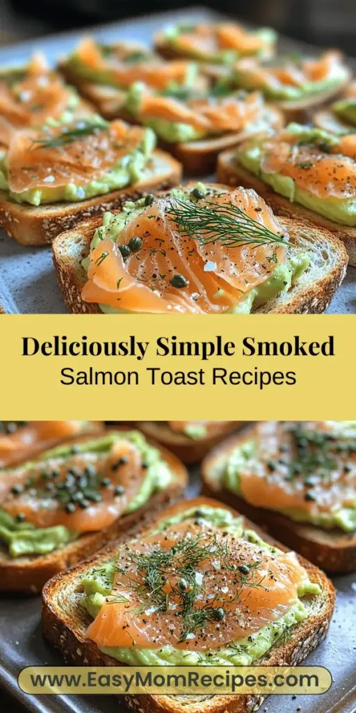 Discover the deliciousness of smoked salmon toast with this simple recipe that perfectly blends rich flavors and nutrition. Ideal for breakfast or a light snack, this dish features crispy whole grain bread, creamy avocado, and the smoky goodness of salmon. Enhance your toast with fresh lemon juice, herbs, or even cream cheese for extra indulgence. Packed with omega-3s, healthy fats, and essential vitamins, this versatile meal is not only visually appealing but also a wholesome choice for any occasion.