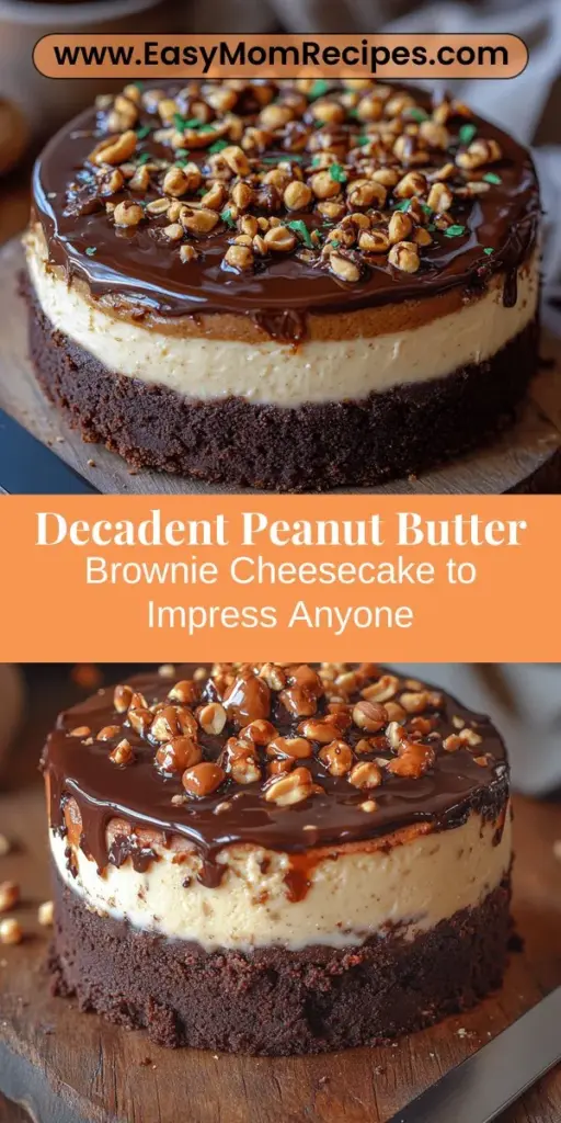 Indulge in the ultimate dessert experience with this decadent peanut butter brownie cheesecake. This irresistible treat features a rich brownie base topped with a creamy cheesecake layer infused with smooth peanut butter, all finished with a luscious chocolate-peanut butter topping. Perfect for special occasions or a sweet weekend treat, this striking cheesecake balances sweetness, creaminess, and the beloved flavors of chocolate and peanut butter. Create a show-stopping centerpiece that will leave everyone craving more!