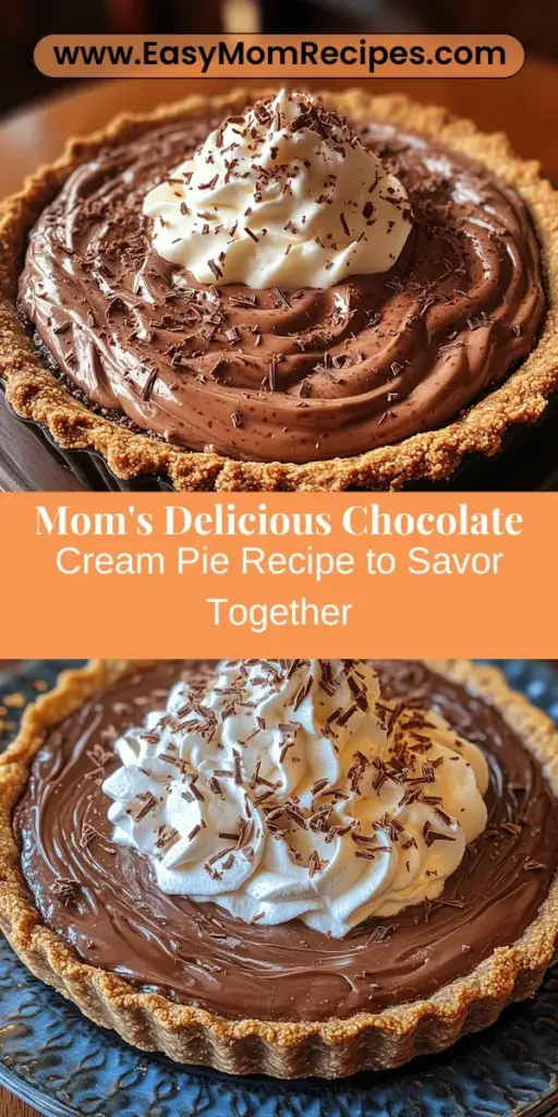Indulge in the nostalgia of Mom’s Irresistible Chocolate Cream Pie, a classic dessert that brings warmth and joy to any gathering. This recipe features a luscious chocolate filling nestled in a homemade graham cracker cocoa crust, topped with airy whipped cream. Perfect for holidays or simply to brighten your day, each slice is a delightful blend of flavors and textures. Create lasting memories with this timeless dessert that has been cherished through generations.