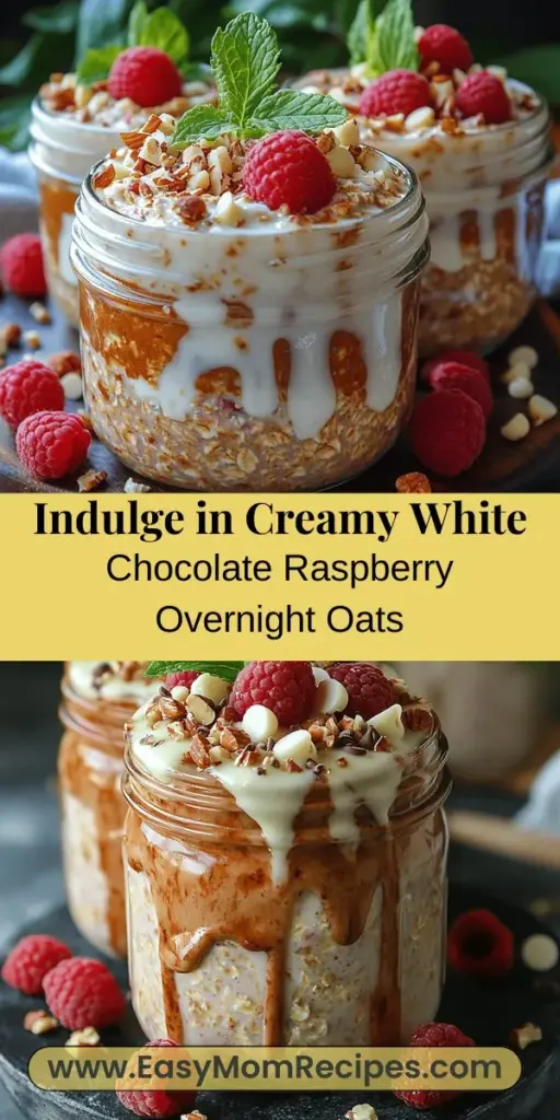 Start your mornings right with Creamy White Chocolate Raspberry Overnight Oats! This quick and easy recipe combines rolled oats, creamy Greek yogurt, rich white chocolate, and fresh raspberries for a delicious breakfast that feels indulgent yet healthy. Simply mix the ingredients, let them sit overnight, and enjoy a satisfying meal that’s nutritious and customizable. Perfect for busy days or as a treat on leisurely mornings, this breakfast is sure to please everyone!