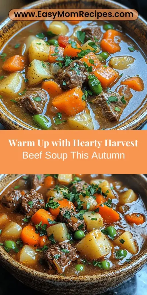 Warm up your autumn evenings with a bowl of Hearty Harvest Beef Soup. This comforting dish combines tender beef with a delightful mix of seasonal vegetables for a nourishing meal that brings family and friends together. Packed with essential nutrients, including protein and vitamins, this recipe highlights the beauty of fresh, local ingredients. Embrace the flavors of fall while creating lasting memories around the dinner table with this satisfying soup. Perfect for any gathering or cozy night in!