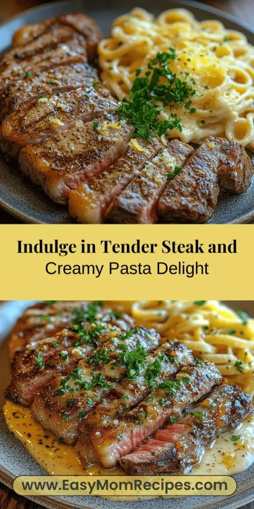 Indulge in luxury with our Tender Steak Meets Creamy Pasta recipe, a perfect blend of juicy ribeye steak and rich, creamy fettuccine or tagliatelle. Ideal for romantic dinners or special celebrations, this dish combines high-quality ingredients and classic techniques. Experience the melt-in-your-mouth steak and a luscious sauce that coats the pasta beautifully. It's a delightful culinary experience that brings warmth and sophistication to any table. Treat yourself tonight!
