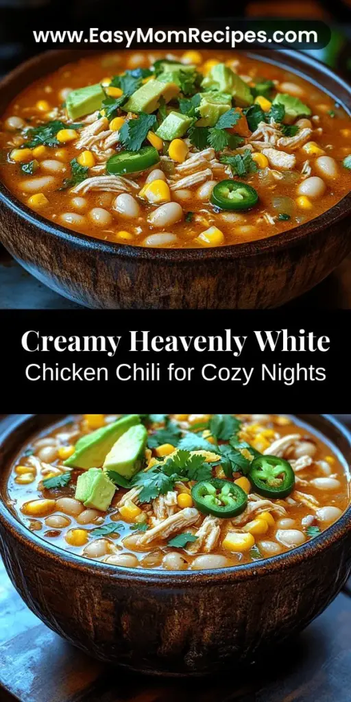 Discover the comforting goodness of Heavenly White Chicken Chili, a creamy delight perfect for chilly evenings and gatherings. This dish features tender chicken, savory white beans, and vibrant spices, creating a rich flavor profile that's sure to warm your soul. Enjoy it as a main dish topped with fresh cilantro and cream, or pair it with cornbread for a satisfying meal. Easy to adapt for various diets, this chili is a must-try for any home cook!