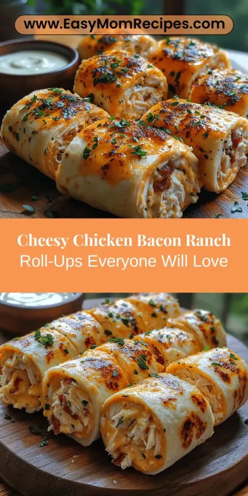 Discover the ultimate savory snack with Cheesy Chicken Bacon Ranch Roll-Ups Delight! This easy recipe combines crispy bacon, juicy chicken, creamy cheese, and zesty ranch dressing for a mouthwatering treat. Perfect as an appetizer for parties, a quick lunch, or a fun movie night snack, these roll-ups are simple to make and sure to impress. With room for customization, you can cater to your tastes and dietary needs. Try them today and enjoy every cheesy, flavorful bite!