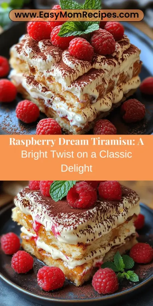 Discover the Raspberry Dream Tiramisu, a refreshing twist on the classic Italian dessert. This delightful recipe combines coffee-soaked ladyfingers with creamy mascarpone and the vibrant flavor of fresh raspberries. The result is a light, airy treat that’s perfect for any occasion, from family gatherings to special celebrations. Easy to prepare and visually stunning, this dessert is sure to impress and become a favorite in your culinary repertoire. Indulge in a dessert that balances sweetness and tartness beautifully!