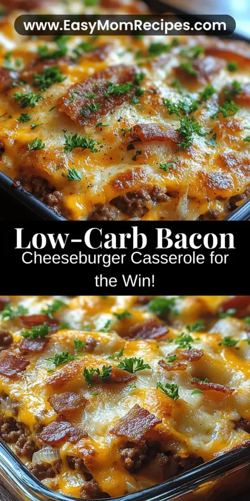 Discover the perfect weeknight dinner with this Low-Carb Bacon Cheeseburger Casserole. Packed with flavors reminiscent of a classic cheeseburger, this dish combines ground beef, crispy bacon, sautéed onions, and cauliflower for a hearty, satisfying meal that fits your low-carb lifestyle. With easy preparation and a creamy, cheesy texture, it's ideal for families or meal prepping. Enjoy the comforting tastes you love while maintaining your health goals.