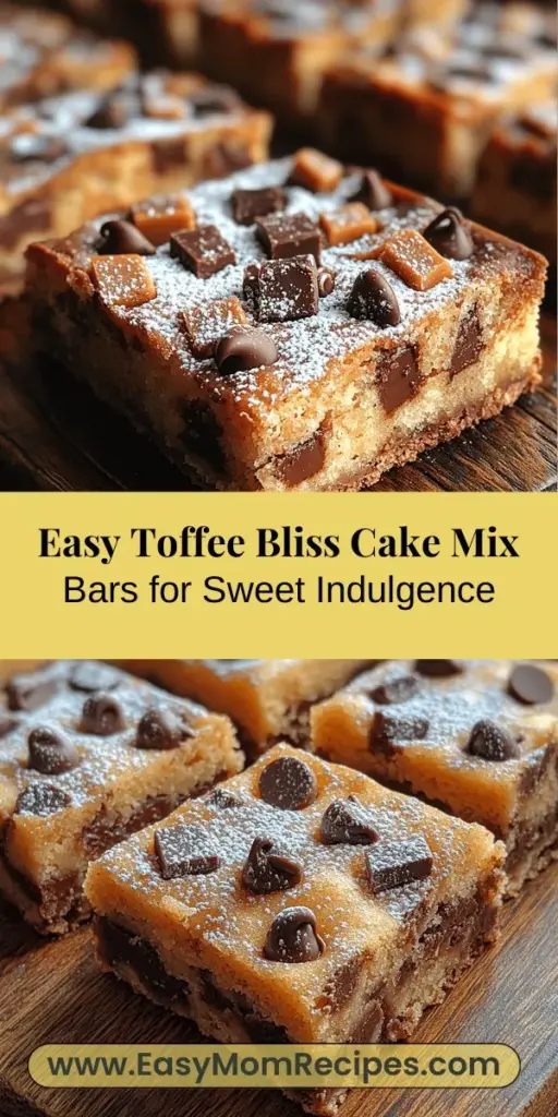 Indulge in the delightful flavors of Toffee Bliss Cake Mix Bars, a simple yet scrumptious dessert perfect for any occasion. This easy recipe combines rich yellow cake mix with gooey toffee bits and chocolate chips, creating a chewy, buttery treat. Ideal for novice bakers, these bars require minimal effort and deliver maximum satisfaction. Whether you're hosting a gathering or enjoying a quiet night in, these bars will impress everyone with their irresistible sweetness. Get ready to savor each delicious bite!