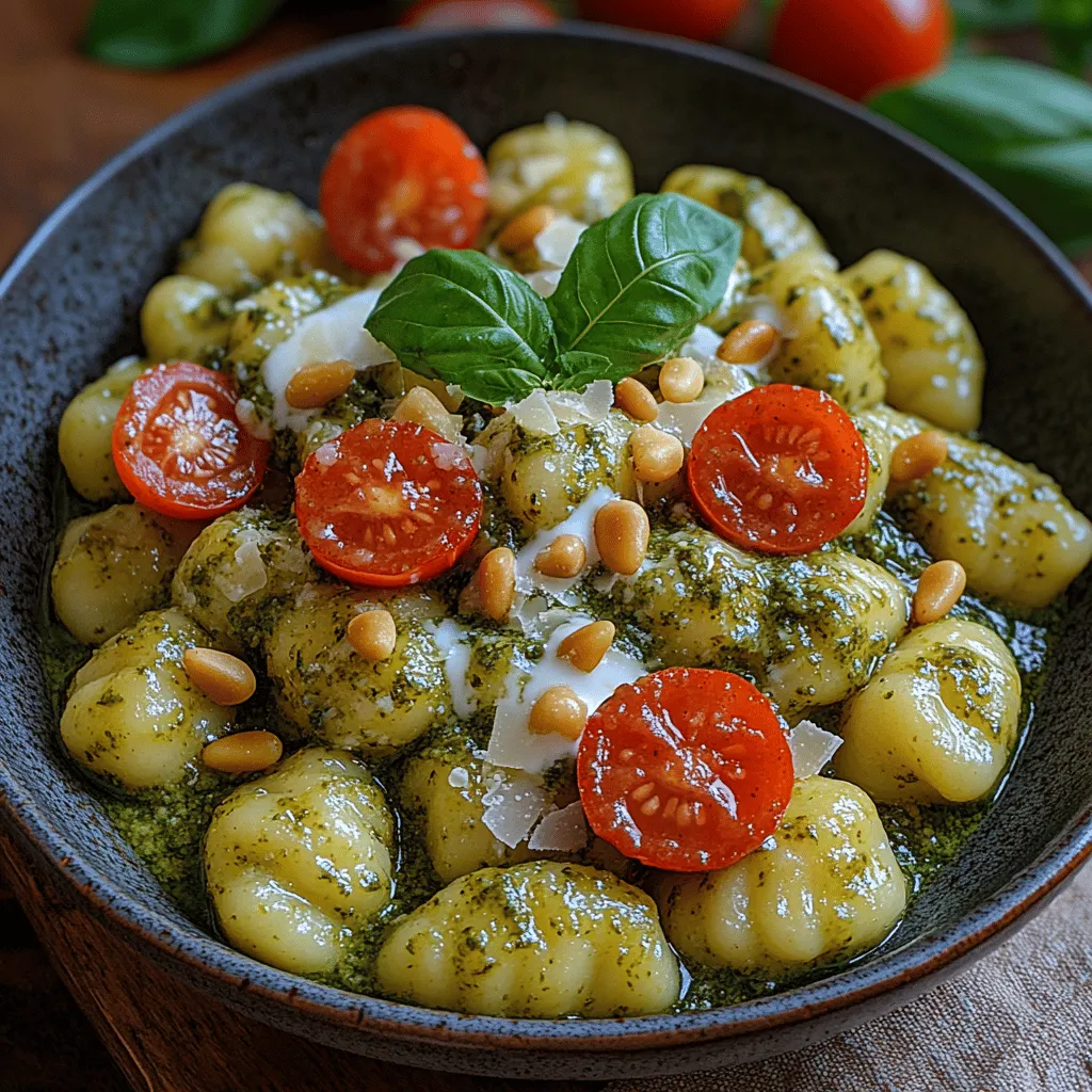 When it comes to comfort food, few dishes can rival the delightful combination of creamy basil pesto and gnocchi. This recipe for <strong>Creamy Basil Pesto Gnocchi</strong> not only encapsulates the essence of Italian cuisine but also elevates it with a harmonious blend of flavors and textures. The rich creaminess of the pesto envelops each tender gnocchi, creating a delectable dish that is both satisfying and vibrant. Whether you’re seeking an easy weeknight dinner or a show-stopping dish for a special occasion, this recipe is sure to impress.” /></p>
</p>
<h2>Garlic</h2>
</p>
<p>Garlic is not just a flavor powerhouse; it also brings numerous health benefits to the table. Its aromatic qualities elevate any dish, and in the case of Creamy Basil Pesto Gnocchi, it adds a depth of flavor that is simply irresistible. Rich in antioxidants, garlic is known to support heart health, boost the immune system, and even has anti-inflammatory properties. When cooked, garlic develops a sweet, mellow flavor, which beautifully complements the fresh basil and creamy sauce in this recipe.</p>
</p>
<h2>Heavy Cream and Olive Oil</h2>
</p>
<p>Heavy cream and olive oil are the dynamic duo that transforms simple ingredients into a rich and luxurious sauce. The heavy cream serves as the base of the creamy sauce, providing a velvety texture that coats the gnocchi perfectly. It balances the intense flavors of the basil and garlic, creating a harmonious blend that is satisfying and comforting.</p>
</p>
<p>Olive oil, on the other hand, is not only a source of healthy fats but also enhances the overall flavor profile of the dish. Its fruity notes and smooth texture contribute to the creaminess of the sauce while promoting heart health. Together, these ingredients create a delightful sauce that elevates the gnocchi to new culinary heights.</p>
</p>
<h2>Salt and Pepper</h2>
</p>
<p>Seasoning is key in any dish, and salt and pepper are essential ingredients that bring out the natural flavors of your food. In this recipe, salt enhances the savory notes of the garlic and basil, while pepper adds a touch of warmth and complexity. A well-seasoned dish can make all the difference, transforming your Creamy Basil Pesto Gnocchi from ordinary to extraordinary. Remember, the goal is to enhance the ingredients without overpowering them, so season to taste throughout the cooking process.</p>
</p>
<h2>Garnishes</h2>
</p>
<p>The final touch to your Creamy Basil Pesto Gnocchi is the garnishes, which not only enhance the presentation but also the flavor. Fresh cherry tomatoes, halved and scattered across the dish, add a burst of color and a hint of sweetness, beautifully contrasting with the creamy sauce. Fresh basil leaves not only serve as a visual appeal but also provide an aromatic freshness that ties the dish together. These garnishes not only make your meal visually appealing but also elevate the overall dining experience.</p>
</p>
<h2>Step-by-Step Cooking Instructions</h2>
</p>
<h3>Cooking the Gnocchi</h3>
</p>
<p>1. <strong>Boil Water</strong>: Start by bringing a large pot of salted water to a rolling boil. The salt will enhance the flavor of the gnocchi.</p>
</p>
<p>2. <strong>Add Gnocchi</strong>: Once the water is boiling, gently add the gnocchi. Be careful not to overcrowd the pot, as this can lead to uneven cooking.</p>
</p>
<p>3. <strong>Boil Until Floating</strong>: Cook the gnocchi for about 2-4 minutes. They are done when they float to the surface. This indicates that they are perfectly cooked and light.</p>
</p>
<p>4. <strong>Drain and Rinse</strong>: Use a slotted spoon to remove the gnocchi from the pot, or drain them in a colander. Rinse briefly under cold water to stop the cooking process and prevent sticking.</p>
</p>
<p>5. <strong>Set Aside</strong>: Toss the drained gnocchi with a little olive oil to prevent them from clumping together as they wait for the sauce.</p>
</p>
<h3>Making the Pesto</h3>
</p>
<p>1. <strong>Prepare Ingredients</strong>: Gather your fresh basil leaves, garlic, pine nuts, Parmesan cheese, and olive oil.</p>
</p>
<p>2. <strong>Blend in a Food Processor</strong>: In a food processor, combine the basil, garlic, and pine nuts. Pulse until finely chopped.</p>
</p>
<p>3. <strong>Add Cheese and Oil</strong>: Add the grated Parmesan cheese and pulse again. With the processor running, slowly drizzle in the olive oil until the pesto reaches your desired consistency. You want it to be smooth but still have a bit of texture.</p>
</p>
<p>4. <strong>Season to Taste</strong>: Taste the pesto and season with salt and pepper. Adjust according to your preference.</p>
</p>
<h3>Creating the Creamy Sauce</h3>
</p>
<p>1. <strong>Combine Pesto and Cream</strong>: In a medium saucepan over low heat, add the prepared pesto and heavy cream. Stir to combine, allowing the flavors to meld.</p>
</p>
<p>2. <strong>Heat Gently</strong>: Warm the mixture slowly, being careful not to boil it. This helps maintain the fresh flavor of the basil and ensures the cream doesn’t curdle.</p>
</p>
<p>3. <strong>Achieve a Smooth Blend</strong>: Stir continuously until the sauce is heated through and well combined, creating a creamy texture.</p>
</p>
<h3>Combining Gnocchi and Sauce</h3>
</p>
<p>1. <strong>Add Gnocchi to Sauce</strong>: Gently add the cooked gnocchi to the creamy basil sauce.</p>
</p>
<p>2. <strong>Toss Carefully</strong>: Using a spatula or large spoon, gently toss the gnocchi in the sauce to coat them evenly. Be careful not to break the gnocchi apart as they are delicate.</p>
</p>
<p>3. <strong>Heat Thoroughly</strong>: Allow the combined gnocchi and sauce to heat for another minute on low heat, ensuring everything is warmed through.</p>
</p>
<h3>Serving Suggestions</h3>
</p>
<p>– <strong>Plate the Dish</strong>: Serve the Creamy Basil Pesto Gnocchi immediately in warm bowls to keep them cozy.</p>
</p>
<p>– <strong>Garnish</strong>: Top with halved cherry tomatoes for a pop of color, and sprinkle additional grated Parmesan cheese and fresh basil leaves for an aromatic finish.</p>
</p>
<p>– <strong>Pair with Sides</strong>: This dish pairs beautifully with a crisp green salad or garlic bread, enhancing the dining experience.</p>
</p>
<h2>Nutritional Information</h2>
</p>
<p>Here is a breakdown of the nutritional values per serving (based on a typical serving size of one cup):</p>
</p>
<p>– <strong>Calories</strong>: Approximately 450 kcal</p>
<p>– <strong>Protein</strong>: 12g</p>
<p>– <strong>Total Fat</strong>: 20g</p>
<p>– Saturated Fat: 10g</p>
<p>– <strong>Carbohydrates</strong>: 56g</p>
<p>– Dietary Fiber: 2g</p>
<p>– Sugars: 2g</p>
<p>– <strong>Vitamins and Minerals</strong>:</p>
<p>– Calcium: 15% DV</p>
<p>– Iron: 8% DV</p>
<p>– Vitamin A: 20% DV</p>
<p>– Vitamin C: 10% DV</p>
</p>
<p>The primary ingredients in this dish offer a range of health benefits. Basil is rich in antioxidants, which help combat free radicals in the body. The gnocchi provide a satisfying carbohydrate source, while the heavy cream adds a dose of calcium and healthy fats. This dish is not only comforting and delicious but also packed with nutrition.</p>
</p>
<h2>Conclusion</h2>
</p>
<p>Creamy Basil Pesto Gnocchi is an irresistible dish that perfectly balances rich flavors with comforting textures. The combination of fresh basil, aromatic garlic, and luscious cream creates a delightful sauce that envelops the tender gnocchi, making every bite a pleasure. This recipe is not only easy to prepare but also versatile, allowing you to customize it to your liking. Whether you’re a novice cook or a seasoned chef, this dish invites you to revel in the joy of cooking and sharing a wonderful meal.</p>
</p>
<p>As you embark on your culinary journey with this Creamy Basil Pesto Gnocchi, remember that the process of cooking is just as enjoyable as the final dish. Embrace the vibrant flavors and the comforting nature of this recipe, and let it become a staple in your kitchen. Enjoy every moment of cooking and savoring this delightful dish!</p>
</div>