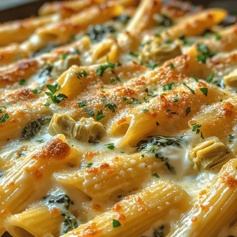In the realm of comfort food, few dishes can rival the delightful combination of creamy sauces and cheesy pasta. The Creamy Spinach and Artichoke Pasta Bake is a perfect embodiment of this concept, bringing together the rich flavors of artichokes and spinach with a luscious cream-based sauce that hugs each piece of penne pasta. This dish is not only satisfying but also incredibly easy to prepare, making it an ideal choice for family dinners or gatherings. The blend of textures, from the tender pasta to the creamy sauce and the slight crunch of baked cheese, creates a culinary experience that is both indulgent and inviting.