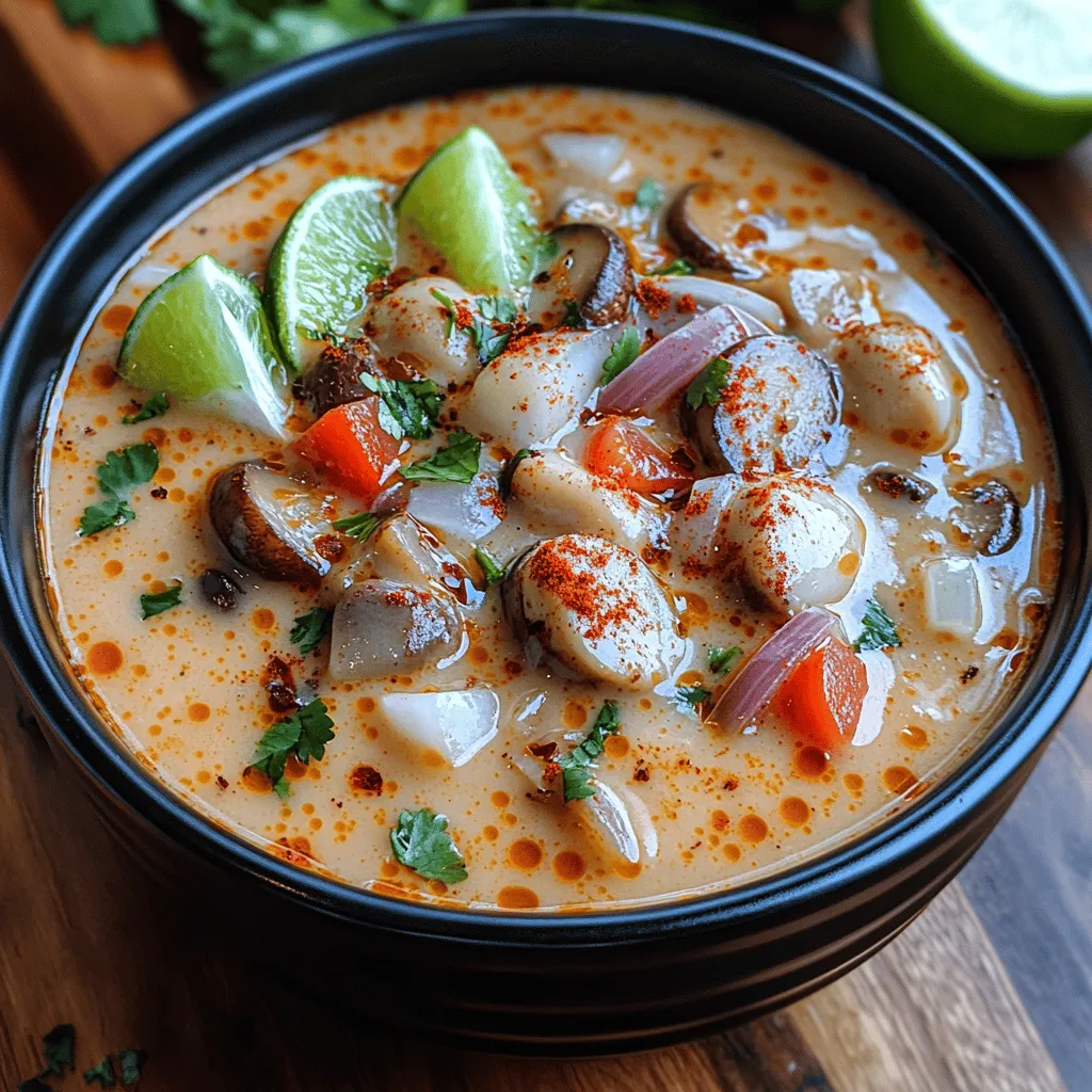 Creamy Thai Coconut Soup is a dish that beautifully embodies the vibrant and aromatic essence of Thai cuisine. Known for its rich flavors and comforting texture, this soup is a staple in many Thai households, celebrated not only for its taste but also for its nourishing qualities. The combination of creamy coconut milk, fragrant spices, and fresh vegetables makes it an ideal choice for a quick weeknight dinner or an inviting offering at a cozy gathering with friends and family. Whether you're a devoted fan of Thai food or a newcomer eager to explore its delicious offerings, this recipe promises to deliver a satisfying experience that can be easily adapted to suit both vegetarian and non-vegetarian preferences.