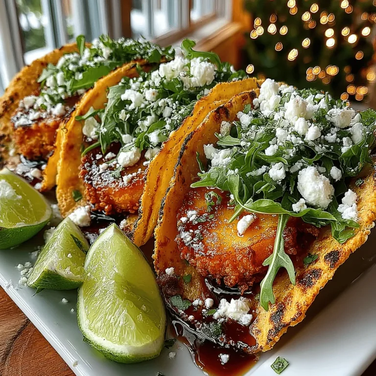 Crispy Peach Tacos are a refreshing and innovative twist on traditional taco recipes, seamlessly blending sweet and savory flavors to create a dish that delights the palate. At the heart of this recipe are ripe, juicy peaches, known for their natural sweetness and tender texture. When fried to a golden crisp, these peaches transform into a luxurious filling, perfect for a summer meal or as a unique appetizer that is sure to impress your guests. Each bite of these tacos offers a delightful contrast between the crispy exterior and the soft, juicy interior, complemented by vibrant greens and creamy cheese that enhance the overall flavor profile.