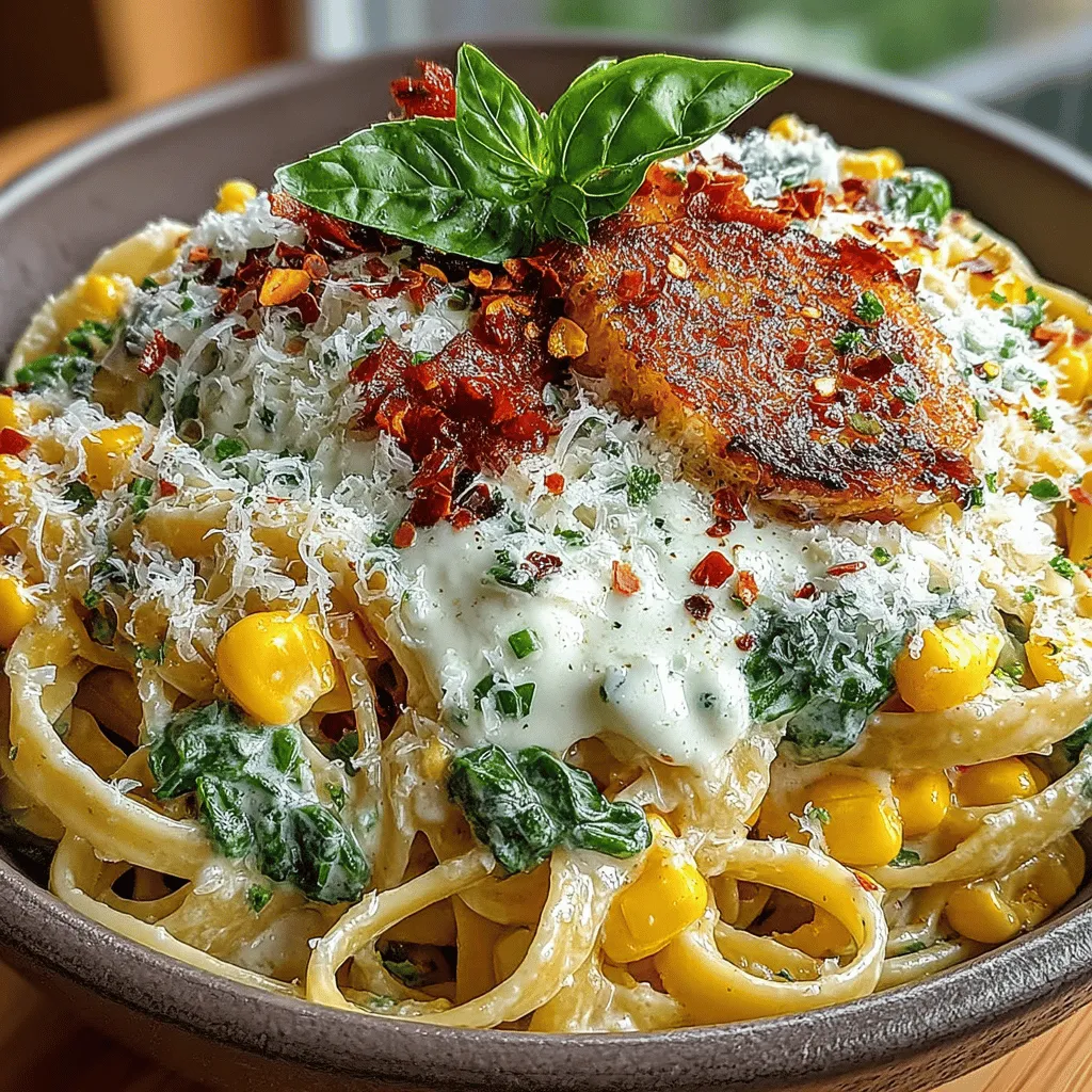 To create the luxurious sauce that will envelop your fettuccine, begin by incorporating heavy cream into the roasted corn mixture. After blending the roasted corn with garlic and onions, return the mixture to the skillet over low heat. Gradually pour in <strong>1 cup of heavy cream</strong>, stirring continuously to combine. This will not only enhance the flavor but also add a luscious texture to your sauce.” /></p>
</p>
<h2>Incorporating Cream and Cheese: Achieving a Smooth, Velvety Sauce</h2>
</p>
<p>To create the luxurious sauce that will envelop your fettuccine, begin by incorporating heavy cream into the roasted corn mixture. After blending the roasted corn with garlic and onions, return the mixture to the skillet over low heat. Gradually pour in <strong>1 cup of heavy cream</strong>, stirring continuously to combine. This will not only enhance the flavor but also add a luscious texture to your sauce.</p>
</p>
<p>Next, grate <strong>1 cup of Parmesan cheese</strong> and add it to the skillet, mixing well until it melts and integrates into the sauce. The cheese will not only enrich the creaminess of the dish but also contribute a savory depth that complements the sweetness of the roasted corn. If you prefer a stronger cheese flavor, feel free to add more Parmesan to taste.</p>
</p>
<h2>Adjusting Consistency: Using Reserved Pasta Water Wisely</h2>
</p>
<p>As the sauce simmers, it’s vital to keep the right consistency. After cooking your fettuccine according to the package instructions, reserve about <strong>1 cup of pasta water</strong> before draining the pasta. This starchy water is your secret weapon for achieving the perfect sauce consistency.</p>
</p>
<p>Once you’ve combined the fettuccine with the corn and cream mixture, if the sauce feels too thick, gradually add a few tablespoons of the reserved pasta water. This will loosen the sauce without diluting its flavor, allowing it to coat the pasta evenly and make it creamy. Stir well until the desired consistency is achieved, ensuring that each noodle is luxuriously coated.</p>
</p>
<h2>Combining the Elements: Bringing the Dish Together</h2>
</p>
<h3>Tossing the Pasta and Corn: Techniques for Even Distribution</h3>
</p>
<p>Now, it’s time to bring your creamy sauce and pasta together. In the skillet with the sauce, add the drained fettuccine along with the roasted corn. Using tongs, gently toss the pasta in the sauce, ensuring that every strand is evenly coated. This step is crucial; it allows the flavors to meld beautifully, making every bite a delightful experience.</p>
</p>
<p>As you toss, be careful not to break the pasta. If needed, use a spatula to lift the pasta from the bottom of the skillet, ensuring even distribution of corn and sauce throughout.</p>
</p>
<h3>Seasoning Adjustments: Tips for Taste Testing Before Serving</h3>
</p>
<p>Before you serve, take a moment to taste your creation. This is the perfect opportunity to adjust the seasoning. Depending on your preference, you might want to add a pinch of salt or a dash of black pepper. For an extra layer of flavor, consider a sprinkle of red pepper flakes for a bit of heat or a squeeze of fresh lemon juice to brighten the dish. It’s essential to taste and tweak until the flavors are just right for you.</p>
</p>
<h2>Serving Suggestions: Presenting Your Culinary Creation</h2>
</p>
<p>Once you have perfected the flavor, it’s time to plate your <strong>Creamy Roasted Corn Fettuccine Delight</strong>. Presentation can elevate your dish from simple to spectacular.</p>
</p>
<h3>Garnishing the Dish: Enhancing Visual Appeal</h3>
</p>
<p>A well-garnished dish not only looks appealing but also adds a burst of flavor.</p>
</p>
<h4>Fresh Basil: Adding Color and Freshness</h4>
</p>
<p>Finely chop some fresh basil and sprinkle it generously over the top of your plated pasta. The bright green adds a pop of color, while the aromatic freshness of basil complements the richness of the sauce beautifully.</p>
</p>
<h4>Extra Parmesan: Elevating the Flavor Profile</h4>
</p>
<p>For cheese lovers, serve your dish with additional grated Parmesan on the side. This allows your guests to customize their cheese level and enhances the dish’s visual appeal. A light dusting of cheese right before serving can make your pasta look restaurant-quality.</p>
</p>
<h3>Pairing Recommendations: Complementing Your Meal</h3>
</p>
<p>To round out your dining experience, consider what to serve alongside your creamy pasta dish.</p>
</p>
<h4>Wine Pairings: Suggestions for Enhancing the Dining Experience</h4>
</p>
<p>Pairing wine with your <strong>Creamy Roasted Corn Fettuccine Delight</strong> can elevate the entire meal. A <strong>Chardonnay</strong> or a <strong>Sauvignon Blanc</strong> works wonderfully, as the acidity in these wines can cut through the richness of the cream and cheese, providing a balanced flavor profile.</p>
</p>
<p>If you prefer red, go for a light-bodied <strong>Pinot Noir</strong>, which won’t overpower the delicate flavors of the dish while still offering a delightful contrast.</p>
</p>
<h4>Side Dishes: Ideas for Rounding Out the Meal</h4>
</p>
<p>To create a well-rounded meal, serve your pasta with a crisp <strong>green salad</strong> drizzled with a light vinaigrette. The freshness of the salad will complement the creamy pasta beautifully. Alternatively, you can prepare some <strong>grilled vegetables</strong> or <strong>roasted asparagus</strong> seasoned with olive oil and garlic for a colorful, nutritious side.</p>
</p>
<h2>Nutritional Insights: The Benefits of Your Ingredients</h2>
</p>
<p>In addition to being delicious, your <strong>Creamy Roasted Corn Fettuccine Delight</strong> also features several health benefits from its key ingredients.</p>
</p>
<h3>The Health Benefits of Corn</h3>
</p>
<h4>Rich in Vitamins and Minerals: Highlighting Nutritional Value</h4>
</p>
<p>Corn is an excellent source of essential vitamins and minerals. It is rich in <strong>Vitamin C</strong>, which is important for maintaining a healthy immune system, and <strong>B vitamins</strong>, which play a vital role in energy production. Additionally, corn contains minerals like <strong>magnesium</strong> and <strong>potassium</strong>, which support various bodily functions.</p>
</p>
<h4>Fiber Content: Discussing the Benefits of a High-Fiber Diet</h4>
</p>
<p>Moreover, corn is high in dietary fiber, which aids digestion and promotes a feeling of fullness. Incorporating fiber-rich foods into your diet is essential for maintaining a healthy gut and can help regulate blood sugar levels.</p>
</p>
<h3>Understanding the Role of Dairy</h3>
</p>
<h4>Heavy Cream: Balancing Richness with Moderation</h4>
</p>
<p>While heavy cream contributes to the creamy texture of your sauce, it should be enjoyed in moderation. It contains fat-soluble vitamins like <strong>A</strong> and <strong>D</strong>, which are beneficial in small amounts. Consider using lighter alternatives if you want to reduce calories, such as half-and-half or a cashew cream.</p>
</p>
<h4>Parmesan Cheese: A Source of Protein and Flavor</h4>
</p>
<p>Parmesan cheese not only enhances the flavor profile of your dish but also provides a good source of protein and calcium. This can help in building and maintaining strong bones and muscles. Just be mindful of portion sizes, as cheese can be calorie-dense.</p>
</p>
<h2>Conclusion: Savoring the Experience of Creamy Roasted Corn Fettuccine Delight</h2>
</p>
<p>Creamy Roasted Corn Fettuccine Delight is more than just a meal; it’s an experience that brings comfort and satisfaction. With its rich flavors, delightful textures, and beautiful presentation, this dish is sure to impress family and friends alike. By following the steps outlined in this article, you can create a comforting, delicious pasta dish that is perfect for any occasion, celebrating the joys of cooking and the pleasure of sharing food with loved ones.</p>
</p>
<p>Whether you’re preparing this dish for a cozy family dinner or a festive gathering, the combination of roasted corn, creamy sauce, and perfectly cooked fettuccine will surely be a hit. So gather your ingredients, follow the recipe, and enjoy every delicious bite of your <strong>Creamy Roasted Corn Fettuccine Delight</strong>. Your taste buds will thank you!</p>
</div>