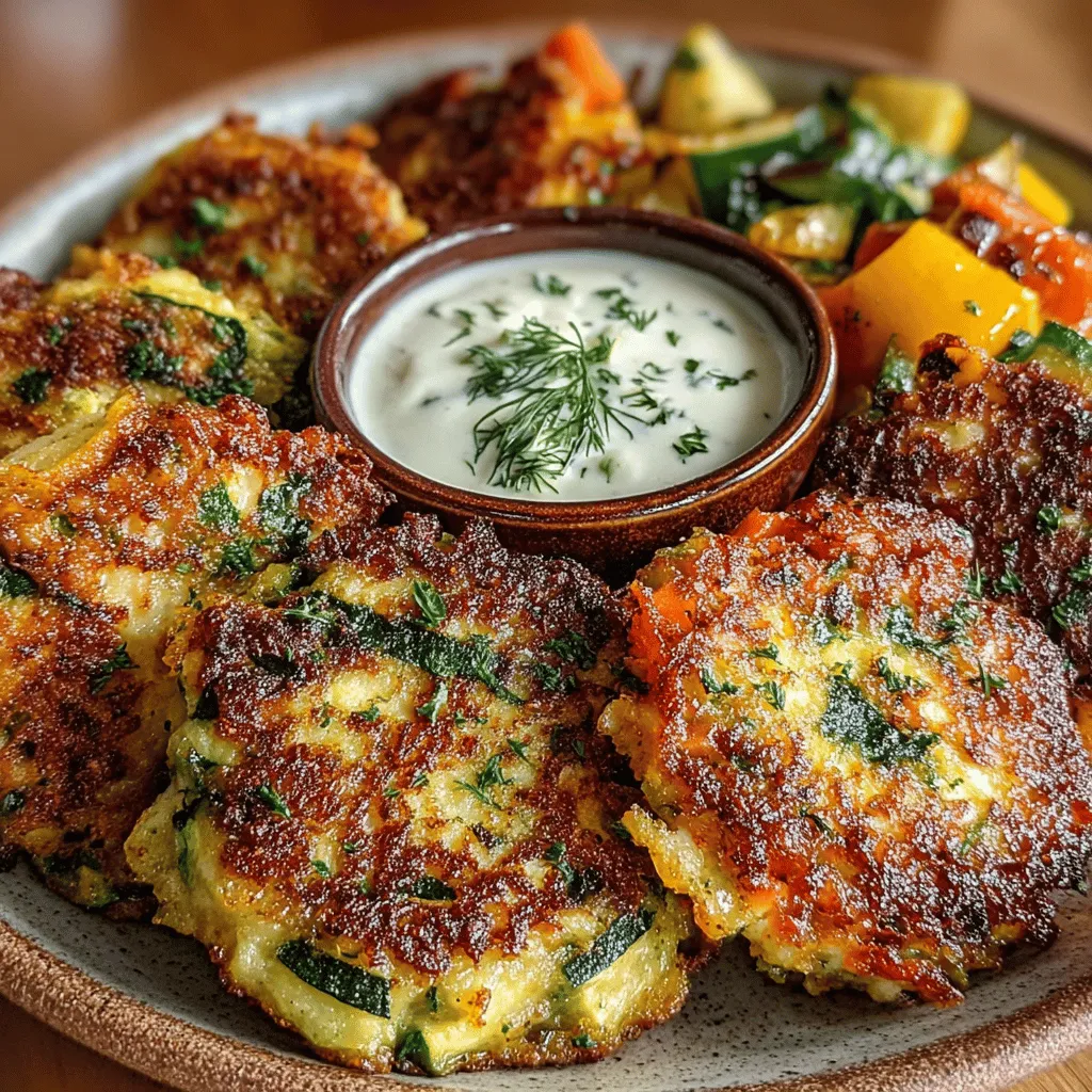 - 2 medium zucchinis, grated - 2 medium carrots, grated - 1 bell pepper, finely chopped (any color) - 1 cup chickpea flour (or all-purpose flour) - 2 large eggs - 1/2 cup grated Parmesan cheese (optional for a vegan version) - 1 teaspoon garlic powder - 1 teaspoon onion powder - 1 teaspoon smoked paprika - Salt and pepper to taste - Fresh herbs (optional, such as parsley or cilantro)