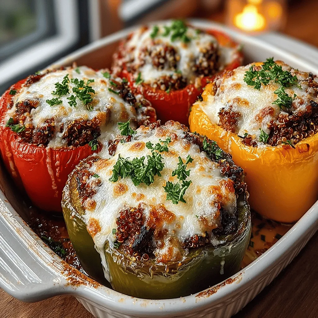 - 4 large bell peppers (any color) - 1 pound ground turkey - 2 cups fresh spinach, chopped - 1 cup cooked quinoa - 1 small onion, diced - 2 cloves garlic, minced - 1 teaspoon Italian seasoning - 1 teaspoon smoked paprika - 1 cup shredded mozzarella cheese - Salt and pepper, to taste - Olive oil for sautéing