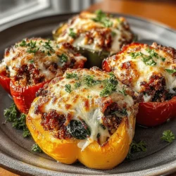 - 4 large bell peppers (any color) - 1 pound ground turkey - 2 cups fresh spinach, chopped - 1 cup cooked quinoa - 1 small onion, diced - 2 cloves garlic, minced - 1 teaspoon Italian seasoning - 1 teaspoon smoked paprika - 1 cup shredded mozzarella cheese - Salt and pepper, to taste - Olive oil for sautéing