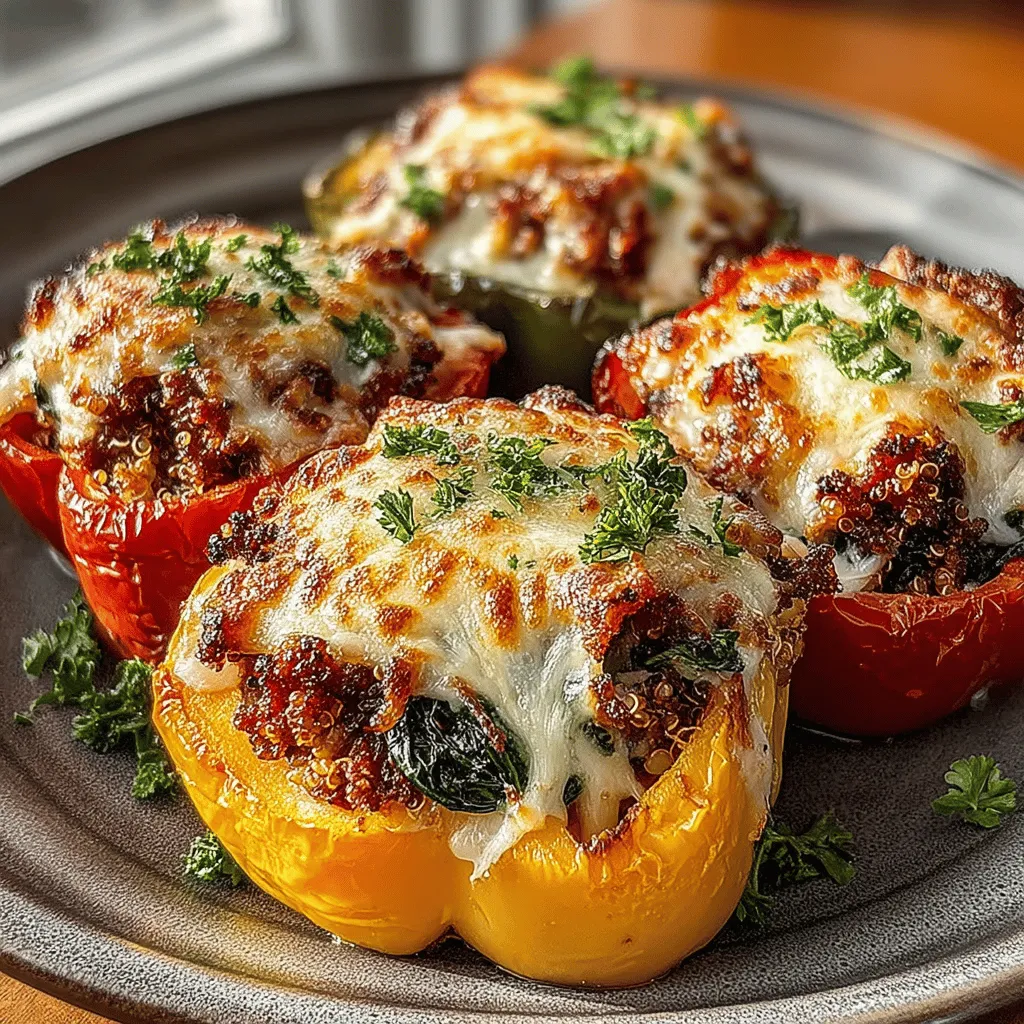 - 4 large bell peppers (any color) - 1 pound ground turkey - 2 cups fresh spinach, chopped - 1 cup cooked quinoa - 1 small onion, diced - 2 cloves garlic, minced - 1 teaspoon Italian seasoning - 1 teaspoon smoked paprika - 1 cup shredded mozzarella cheese - Salt and pepper, to taste - Olive oil for sautéing