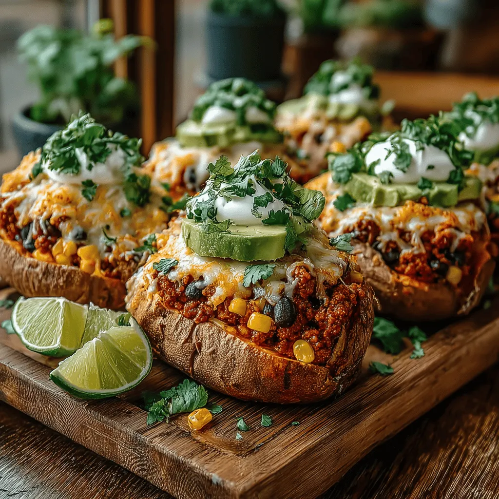 - 4 medium sweet potatoes - 1 pound ground turkey or ground beef - 1 can (15 oz) black beans, rinsed and drained - 1 cup corn (fresh, frozen, or canned) - 1 packet taco seasoning (or homemade) - 1 cup shredded cheese (cheddar or your choice) - 1 tablespoon olive oil - Salt and pepper to taste - Optional garnishes: diced avocado, chopped cilantro, sour cream, lime wedges