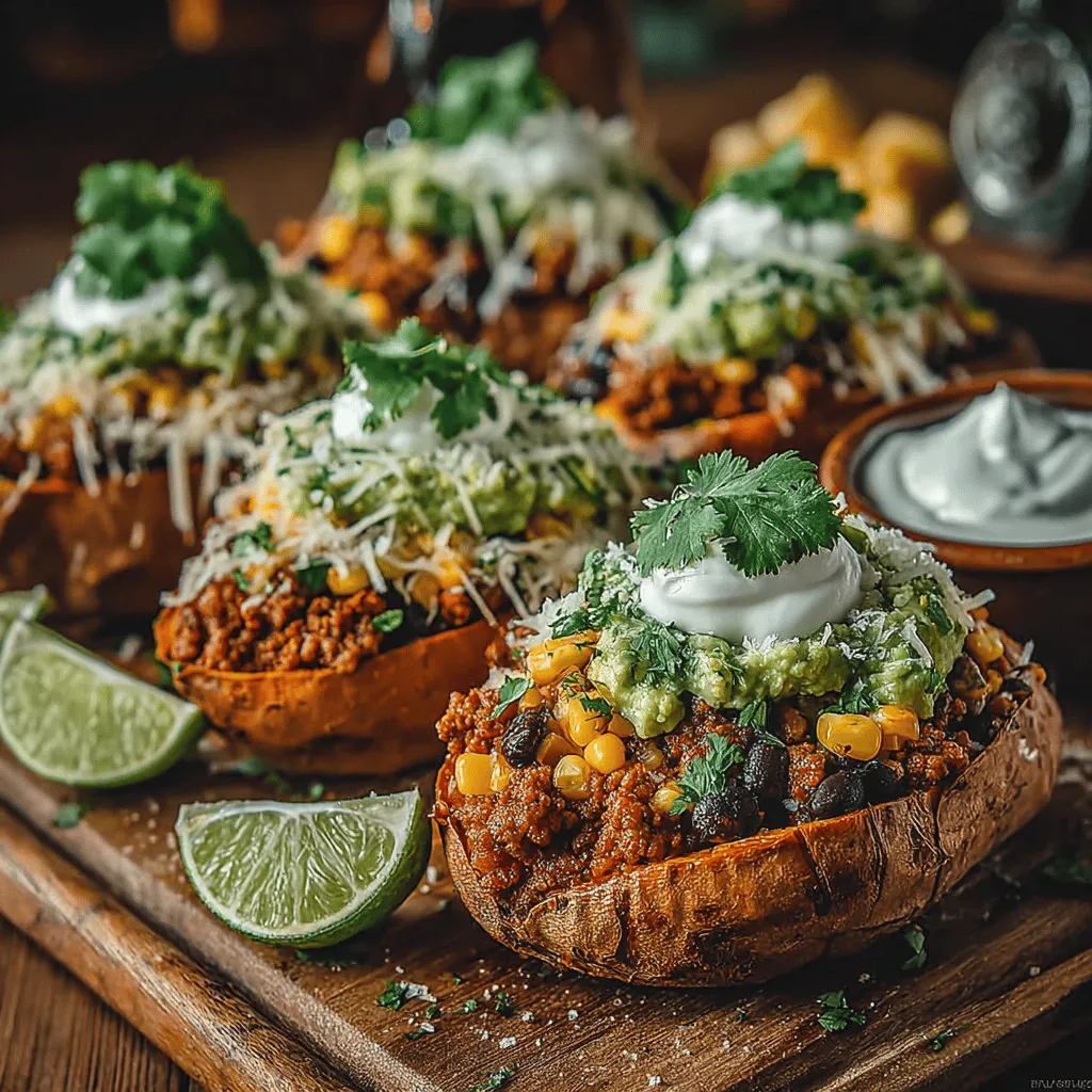 - 4 medium sweet potatoes - 1 pound ground turkey or ground beef - 1 can (15 oz) black beans, rinsed and drained - 1 cup corn (fresh, frozen, or canned) - 1 packet taco seasoning (or homemade) - 1 cup shredded cheese (cheddar or your choice) - 1 tablespoon olive oil - Salt and pepper to taste - Optional garnishes: diced avocado, chopped cilantro, sour cream, lime wedges