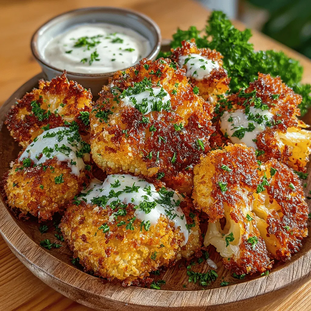 - 1 medium head of cauliflower, cut into bite-sized florets - 1 cup Panko breadcrumbs - 1/2 cup grated Parmesan cheese - 1 teaspoon garlic powder - 1 teaspoon onion powder - 1 teaspoon paprika - 1/2 teaspoon salt - 1/4 teaspoon black pepper - 2 large eggs - Olive oil spray