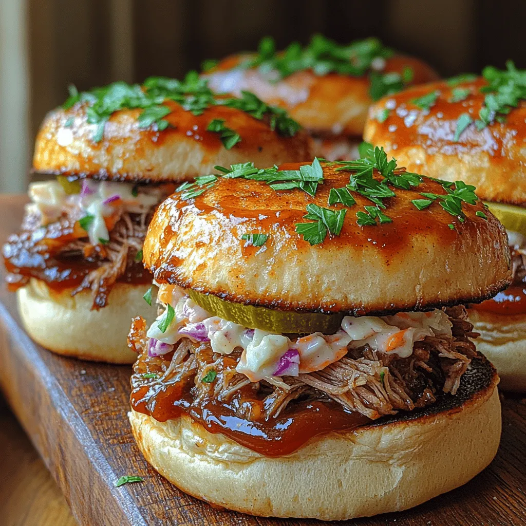 - 2 pounds pulled pork (pre-cooked or slow-cooked) - 1 cup BBQ sauce (store-bought or homemade) - 12 slider buns - 1 cup coleslaw (store-bought or homemade) - 1 tablespoon olive oil (optional, for toasting buns) - Optional toppings: pickles, jalapeños, or sliced onions